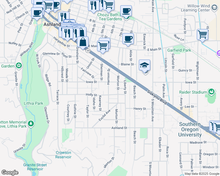 map of restaurants, bars, coffee shops, grocery stores, and more near 661-699 Iowa Street in Ashland