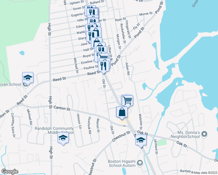 map of restaurants, bars, coffee shops, grocery stores, and more near 1027 North Main Street in Randolph