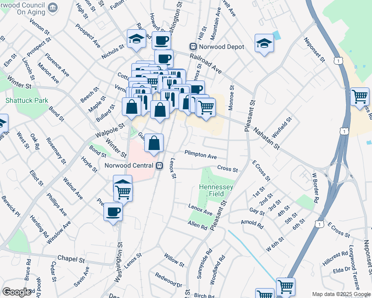 map of restaurants, bars, coffee shops, grocery stores, and more near 165 Lenox Street in Norwood