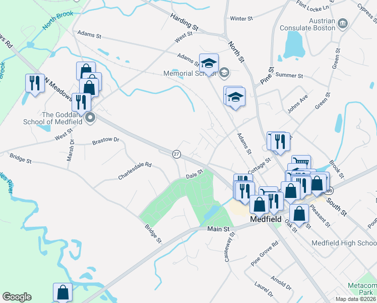 map of restaurants, bars, coffee shops, grocery stores, and more near 19-33 North Meadows Road in Medfield