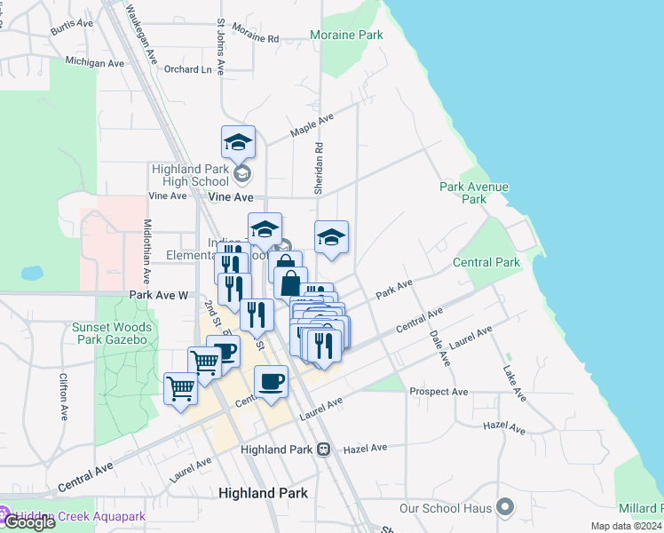 map of restaurants, bars, coffee shops, grocery stores, and more near 2031 Sheridan Road in Highland Park