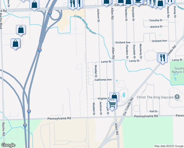 map of restaurants, bars, coffee shops, grocery stores, and more near 16167 Weddel Street in Taylor