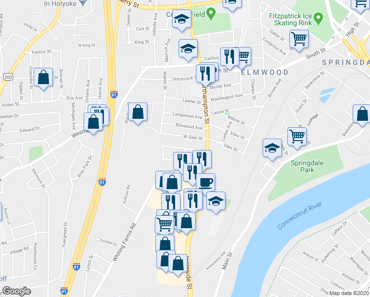 map of restaurants, bars, coffee shops, grocery stores, and more near 1 Ball Avenue in Holyoke