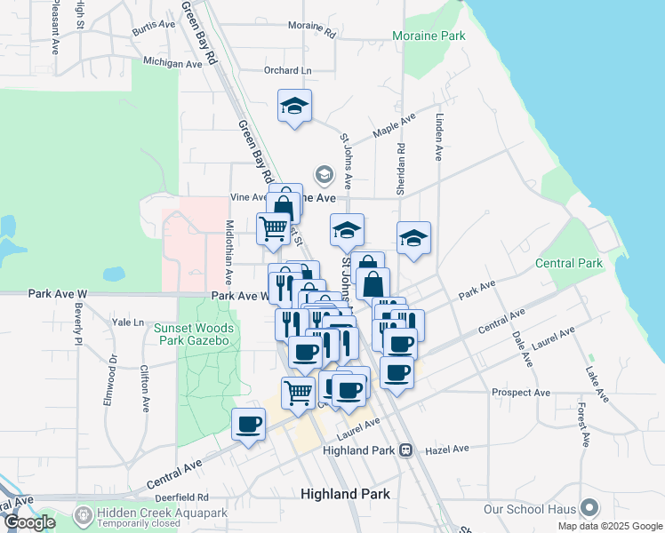map of restaurants, bars, coffee shops, grocery stores, and more near 2046 Saint Johns Avenue in Highland Park