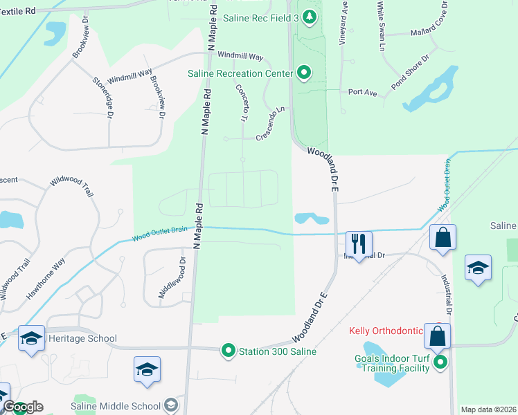 map of restaurants, bars, coffee shops, grocery stores, and more near 6675 North Maple Road in Saline