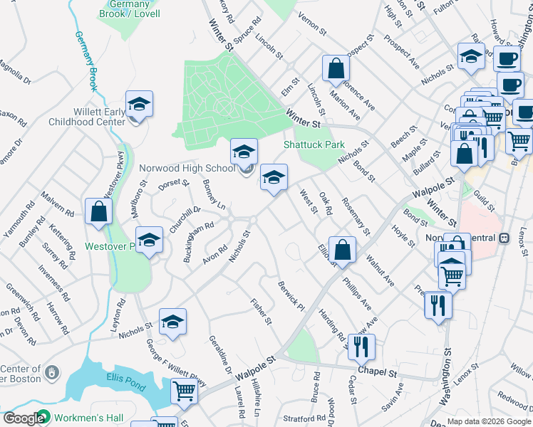 map of restaurants, bars, coffee shops, grocery stores, and more near 236 Nichols Street in Norwood