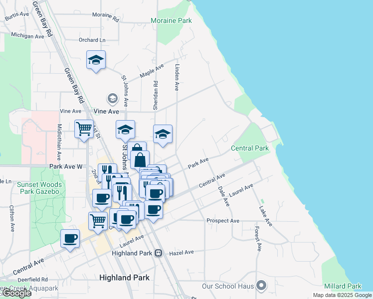 map of restaurants, bars, coffee shops, grocery stores, and more near 274 Linden Park Place in Highland Park