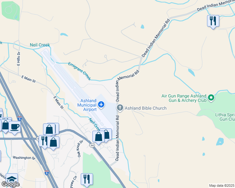 map of restaurants, bars, coffee shops, grocery stores, and more near Dead Indian Memorial Road in Ashland