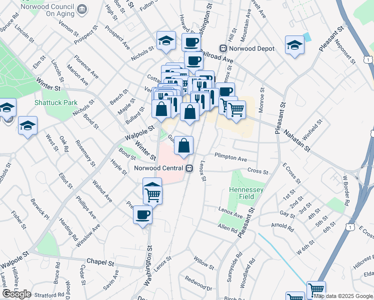 map of restaurants, bars, coffee shops, grocery stores, and more near 44 Guild Street in Norwood