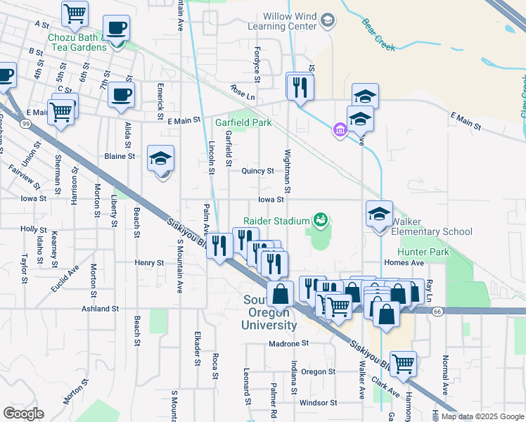 map of restaurants, bars, coffee shops, grocery stores, and more near 1331 Iowa Street in Ashland