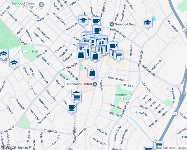 map of restaurants, bars, coffee shops, grocery stores, and more near 44 Guild Street in Norwood