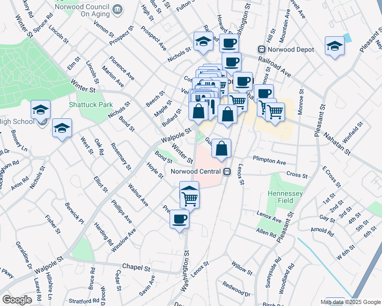 map of restaurants, bars, coffee shops, grocery stores, and more near 34-36 Walpole Street in Norwood