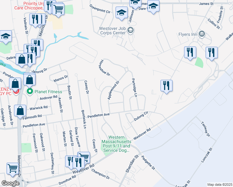 map of restaurants, bars, coffee shops, grocery stores, and more near 111 Applewood Drive in Chicopee