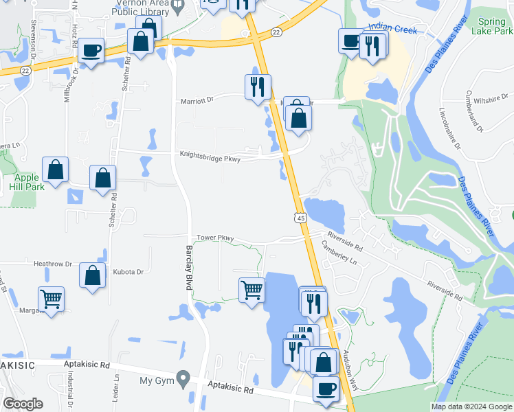 map of restaurants, bars, coffee shops, grocery stores, and more near 4 Overlook Point in Lincolnshire