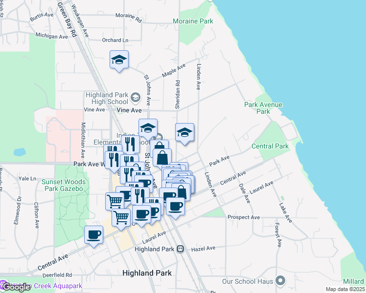 map of restaurants, bars, coffee shops, grocery stores, and more near 2031 Sheridan Road in Highland Park