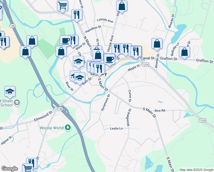 map of restaurants, bars, coffee shops, grocery stores, and more near 15 South Main Street in Millbury