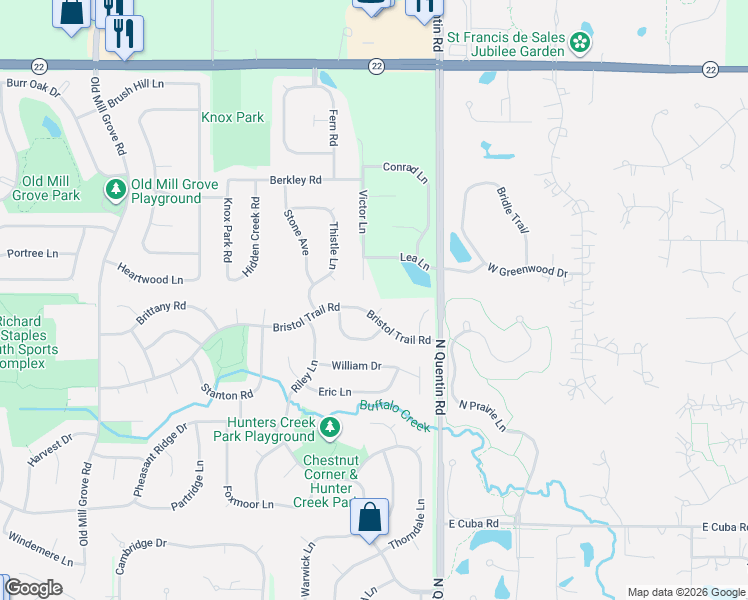 map of restaurants, bars, coffee shops, grocery stores, and more near 445 Victor Lane in Hawthorn Woods
