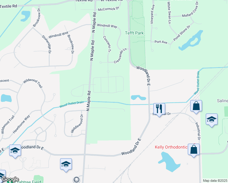 map of restaurants, bars, coffee shops, grocery stores, and more near 6675 North Maple Road in Saline