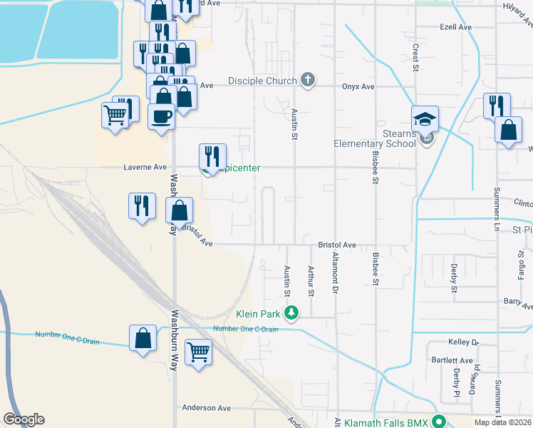 map of restaurants, bars, coffee shops, grocery stores, and more near 3113 Bristol Avenue in Klamath Falls