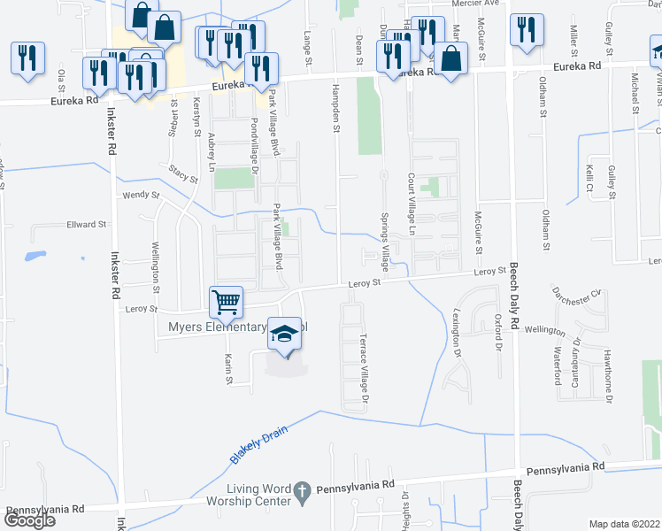 map of restaurants, bars, coffee shops, grocery stores, and more near 15898 Hampden Street in Taylor