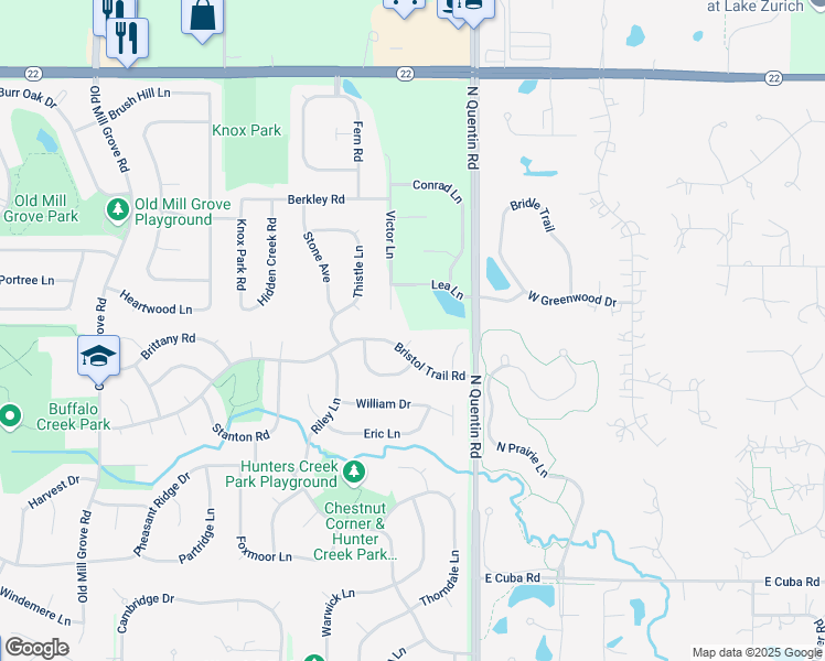 map of restaurants, bars, coffee shops, grocery stores, and more near 445 Victor Lane in Hawthorn Woods