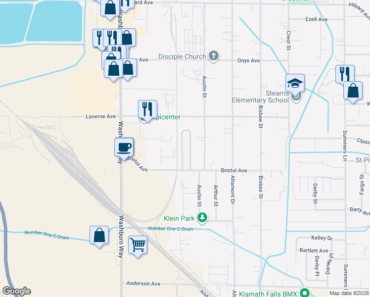 map of restaurants, bars, coffee shops, grocery stores, and more near 3113 Bristol Avenue in Klamath Falls