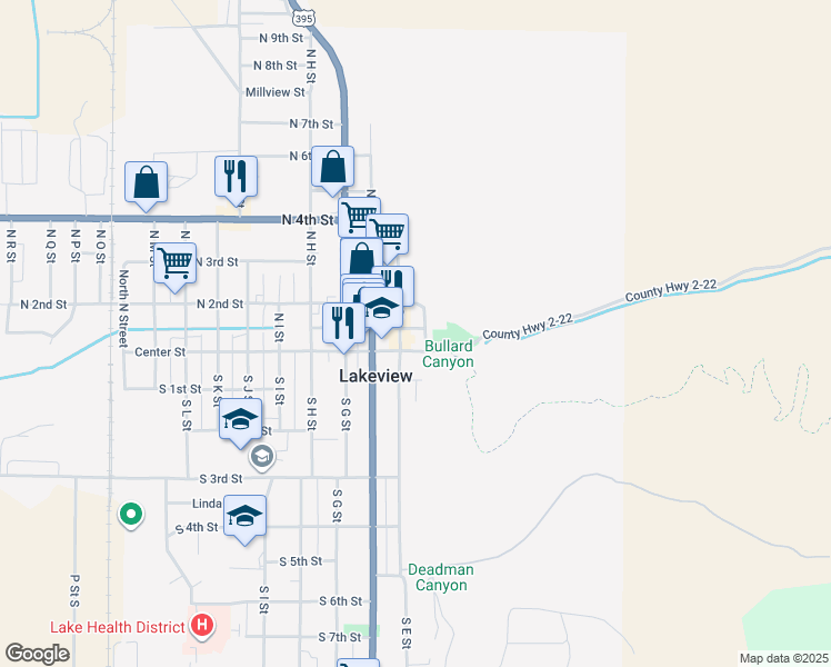 map of restaurants, bars, coffee shops, grocery stores, and more near 110 North E Street in Lakeview