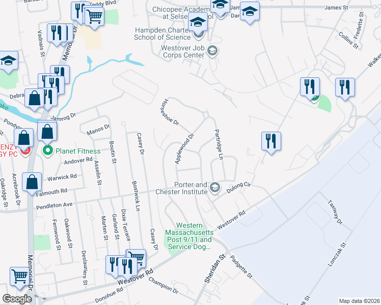 map of restaurants, bars, coffee shops, grocery stores, and more near 111 Applewood Drive in Chicopee