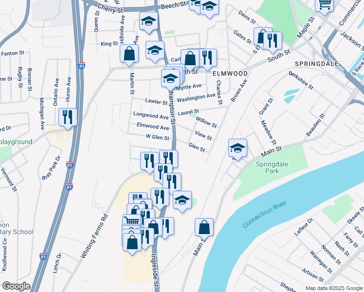 map of restaurants, bars, coffee shops, grocery stores, and more near 1 Larkin Avenue in Holyoke