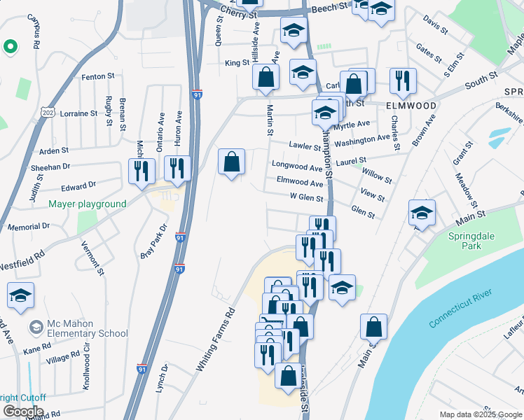 map of restaurants, bars, coffee shops, grocery stores, and more near 86 West Glen Street in Holyoke