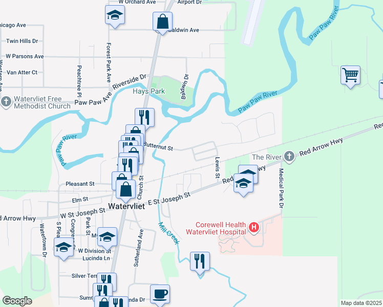 map of restaurants, bars, coffee shops, grocery stores, and more near 417 Butternut Street in Watervliet