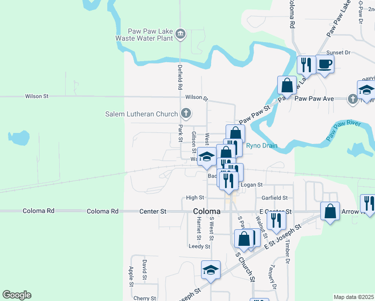 map of restaurants, bars, coffee shops, grocery stores, and more near in Coloma charter Township