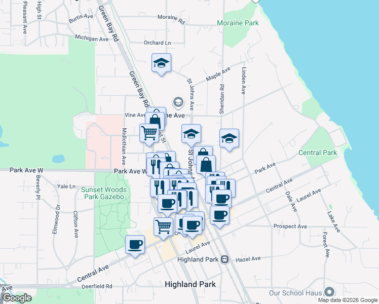 map of restaurants, bars, coffee shops, grocery stores, and more near 2098 Saint Johns Avenue in Highland Park