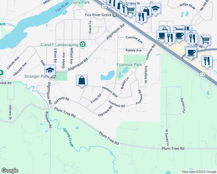 map of restaurants, bars, coffee shops, grocery stores, and more near 601 Hunters Way in Fox River Grove