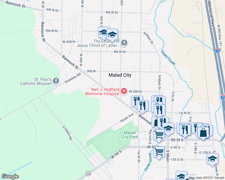 map of restaurants, bars, coffee shops, grocery stores, and more near 230 West 200 North in Malad City