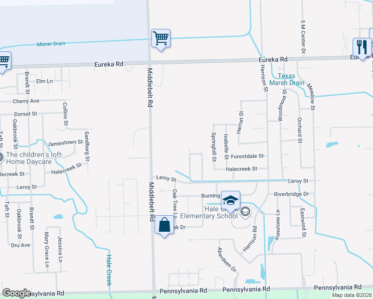 map of restaurants, bars, coffee shops, grocery stores, and more near 15734 Knurlwood Street in Romulus