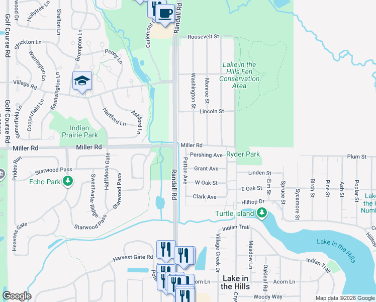 map of restaurants, bars, coffee shops, grocery stores, and more near 1302 Clayton Marsh Drive in Lake in the Hills