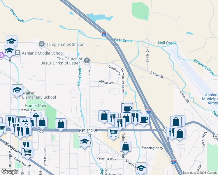 map of restaurants, bars, coffee shops, grocery stores, and more near 2364 Abbott Avenue in Ashland