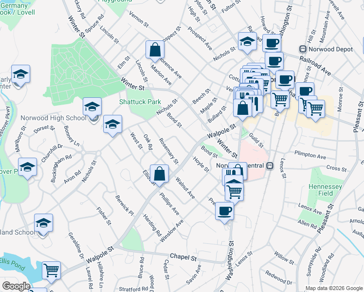 map of restaurants, bars, coffee shops, grocery stores, and more near 30 Chickering Road in Norwood