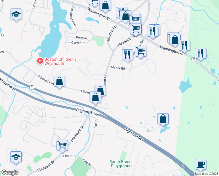 map of restaurants, bars, coffee shops, grocery stores, and more near 647 Pleasant Street in Weymouth