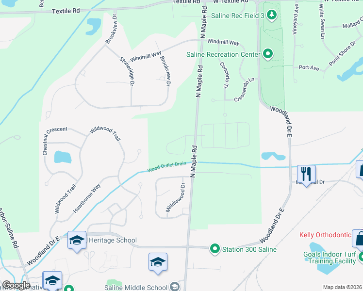 map of restaurants, bars, coffee shops, grocery stores, and more near 6550 North Maple Road in Saline