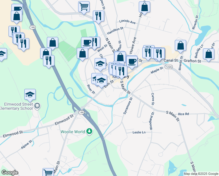 map of restaurants, bars, coffee shops, grocery stores, and more near 123 Elm Street in Millbury