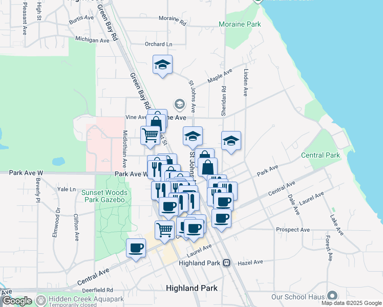 map of restaurants, bars, coffee shops, grocery stores, and more near 2098 Saint Johns Avenue in Highland Park