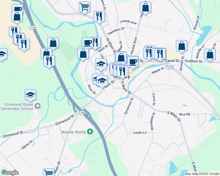 map of restaurants, bars, coffee shops, grocery stores, and more near 123 Elm Street in Millbury