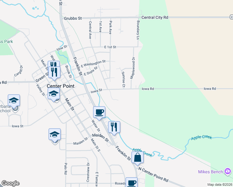 map of restaurants, bars, coffee shops, grocery stores, and more near 811 Iowa St in Center Point