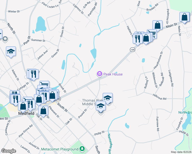 map of restaurants, bars, coffee shops, grocery stores, and more near 353 Main Street in Medfield
