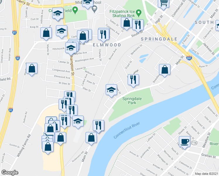 map of restaurants, bars, coffee shops, grocery stores, and more near 11 Temple Street in Holyoke