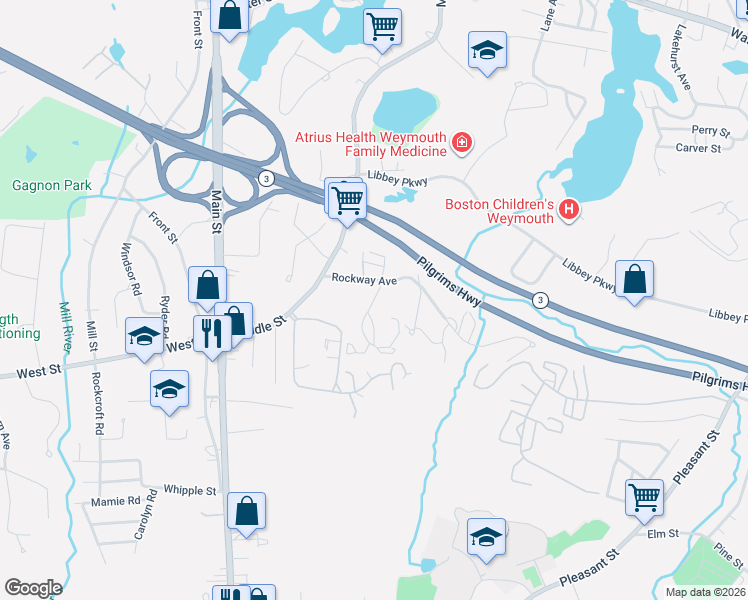 map of restaurants, bars, coffee shops, grocery stores, and more near 66 Rockway Avenue in Weymouth