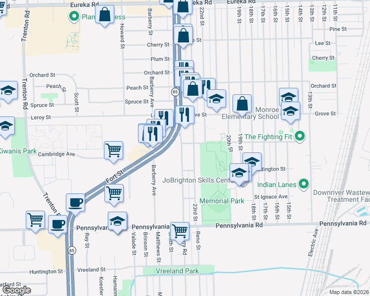 map of restaurants, bars, coffee shops, grocery stores, and more near 4221 Quarry Road in Wyandotte