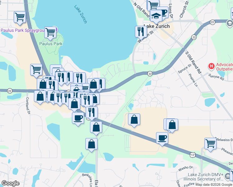 map of restaurants, bars, coffee shops, grocery stores, and more near 36 Maple Avenue in Lake Zurich